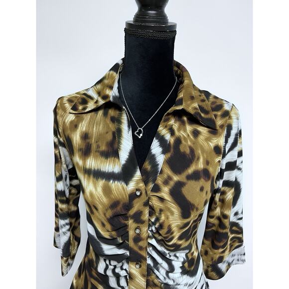 VTG 90s Top Womens Leopard Print Animal Cheetah Medium V-neck 70s Style Collar - Picture 2 of 15